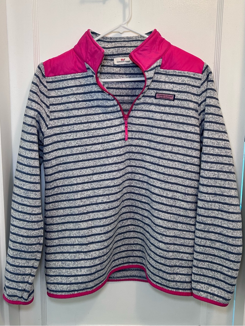 Vineyard Vines Gray & Navy Striped 1/4 Zip Fleece Pullover Sweatshirt Women’s M